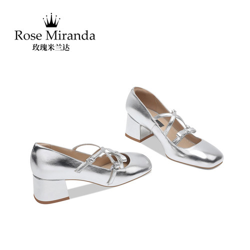 一字带银色真皮高跟鞋方头玛丽珍