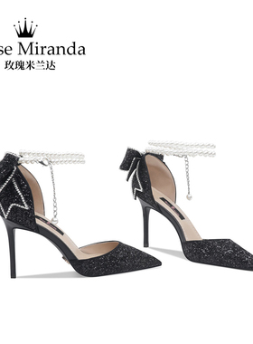 RoseMiranda玫瑰米兰达高跟鞋黑色气质凉鞋一字带包头鞋女