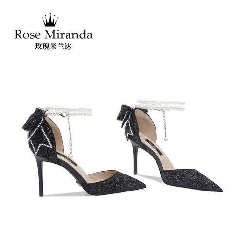 RoseMiranda玫瑰米兰达高跟鞋黑色气质凉鞋一字带包头鞋女