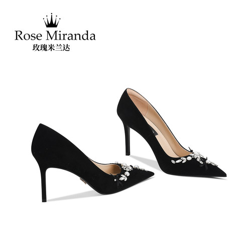 玫瑰米兰达RoseMiranda高跟鞋黑色浅口珍珠水钻小众尖头单鞋