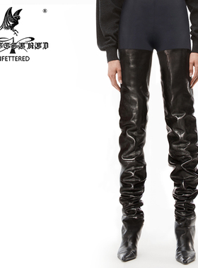 Unfettered手工定制新款90cm超长一脚蹬尖头高跟真皮大腿靴堆堆靴