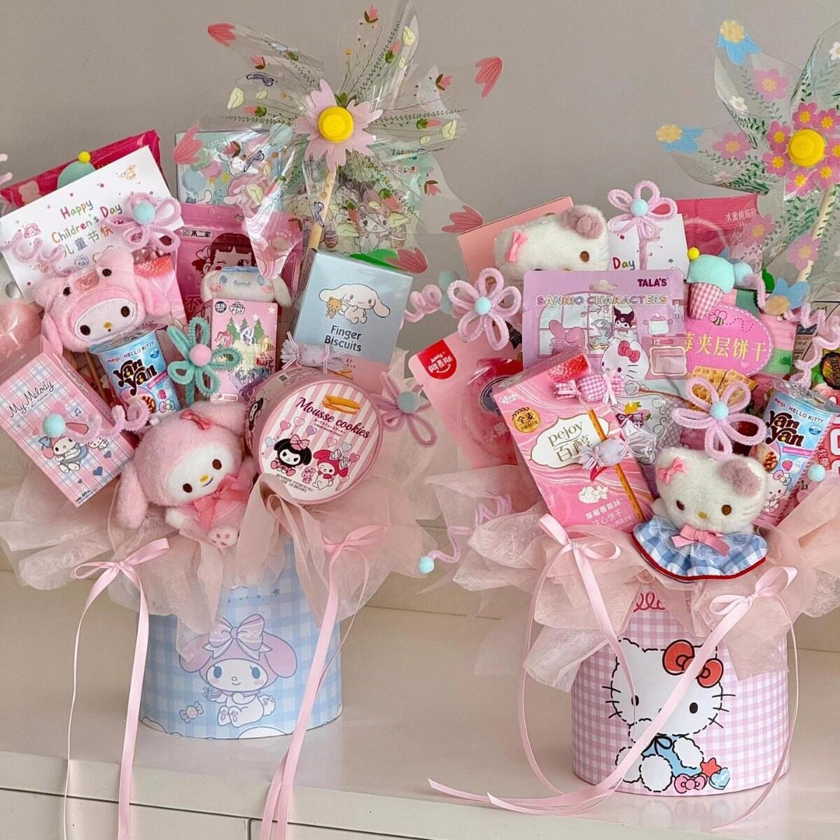 儿童节抱抱桶DIY零食花束材料包全套卡通风花桶花艺礼盒插花盒