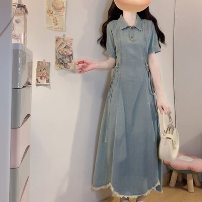 大码女装绑带设计感牛仔连衣裙短袖胖mm夏季新款收腰显瘦长裙子