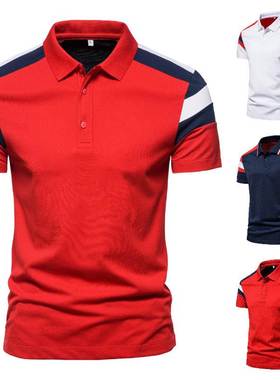 外贸欧码跨境夏季男士时尚红色块短袖翻领T恤POLO衫Men's T s