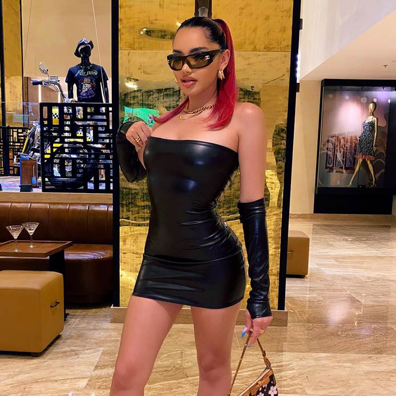 欧美女装ins网红款气质仿PU皮弹力包臀光面连衣裙含袖套潮款酒吧