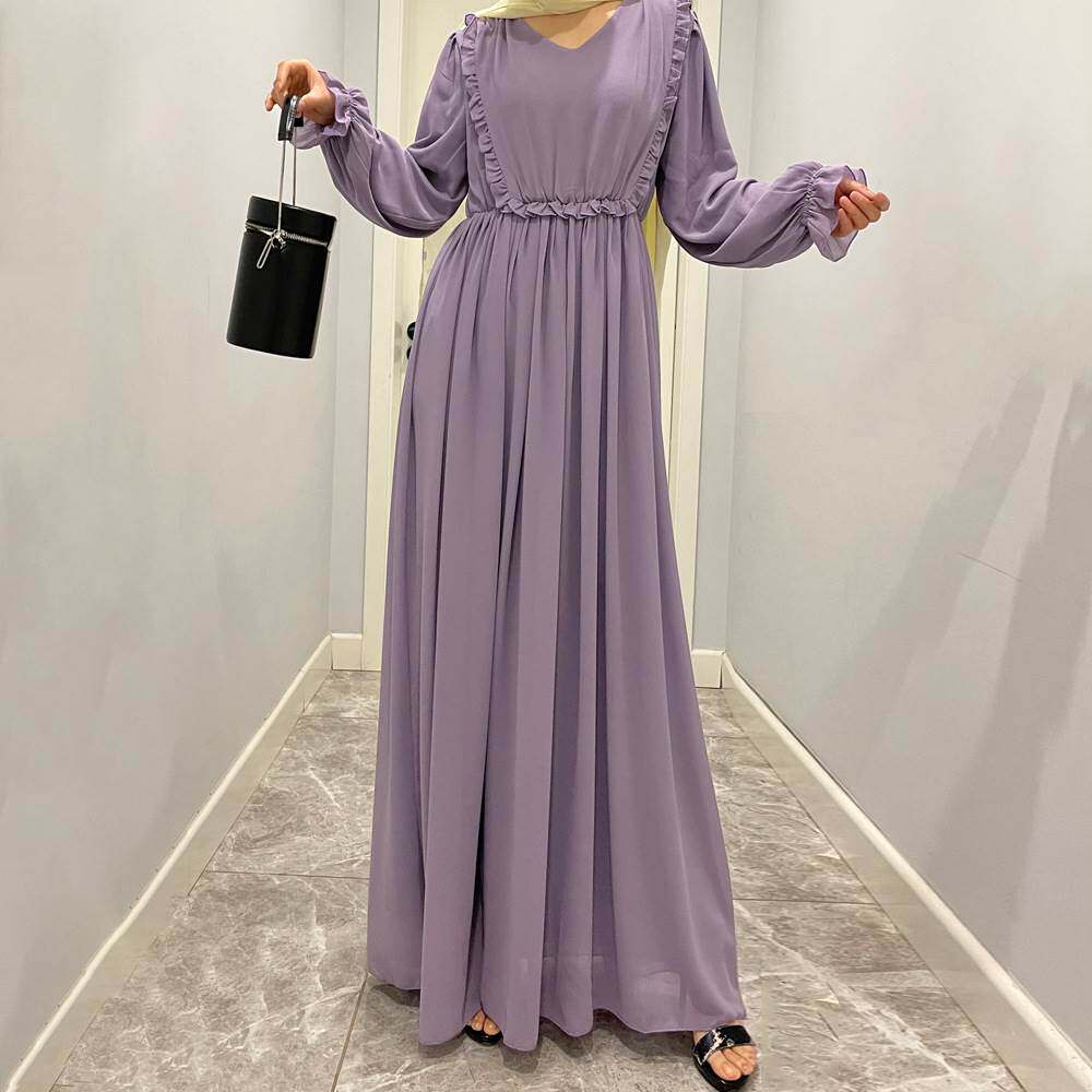 2022春夏V领长袖印尼中东阿拉伯连衣裙木耳边纯色女雪纺长裙Dress