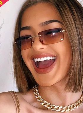 2023women sunglasses 无框小框太阳镜女复古方形ins圆脸墨镜金属
