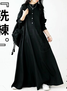 跨境外贸乐天日系宽松黑色半开圆领排扣长袖衬衫裙大摆连衣裙长裙