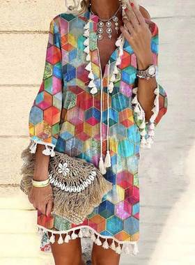 菱形纹流苏连衣裙 Allover Geometric Print Tassel Decor Dress