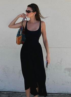 Ahagaga 时尚收腰显瘦拼接黑色吊带长裙欧美性感露背吊带连衣裙女