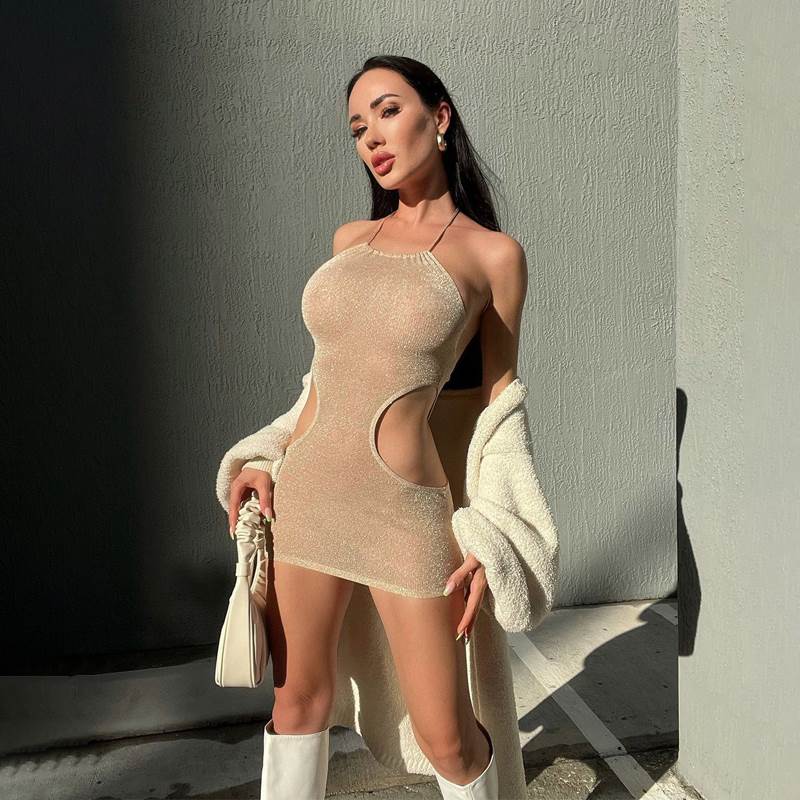 Ahagaga 欧美风性感侧镂空露腰露背包臀裙时尚挂脖无袖修身连衣裙