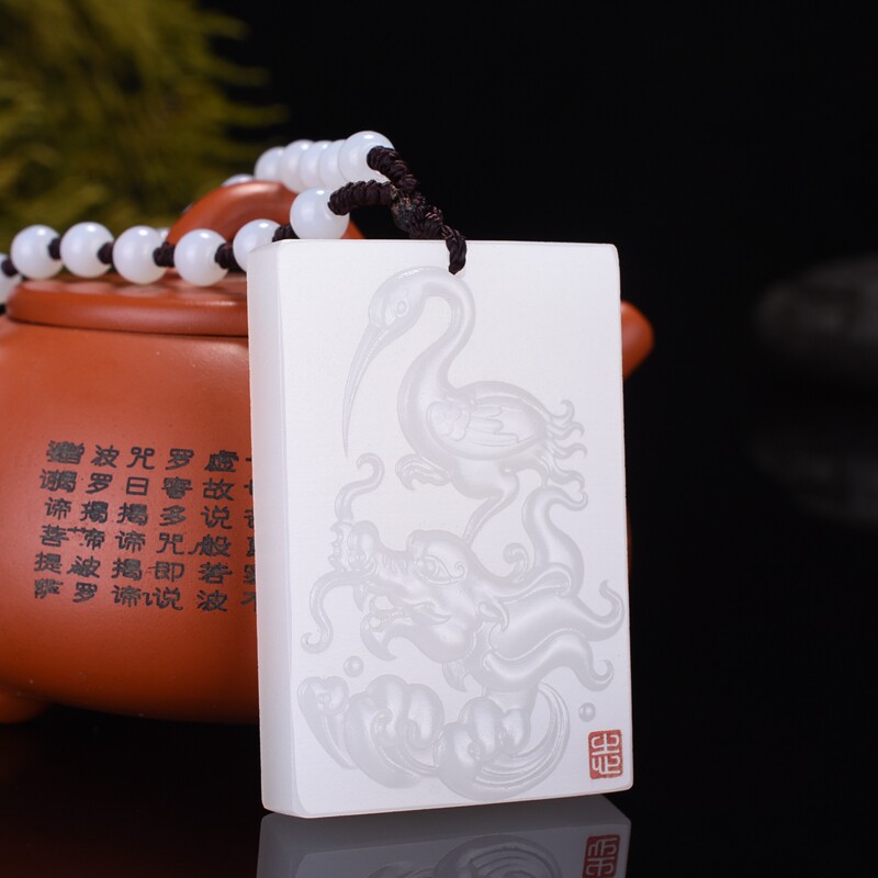 新疆和田白玉石独站魁首挂坠玉牌龙头貔貅仙鹤羊脂玉吊坠项链男女