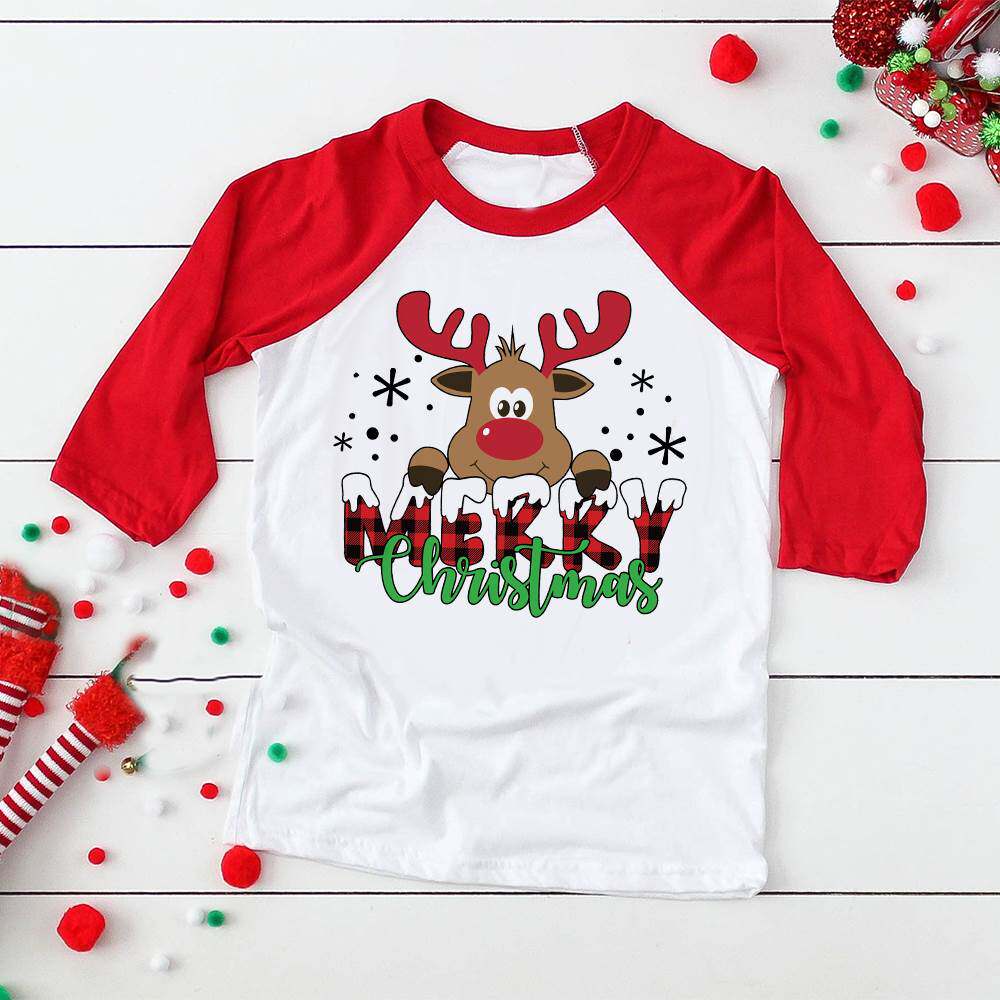 Merry Christmas Deer Print Kid Raglan Shirt Boys Girls