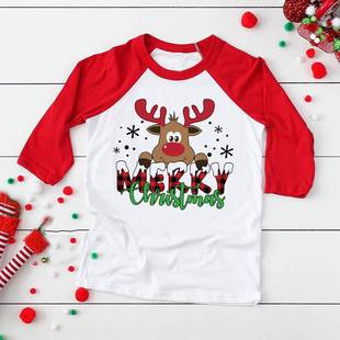 Merry Christmas Deer Print Kid Raglan Shirt Boys Girls