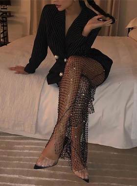 Sexy bright diamond fishnet trousers女生性感透视亮钻渔网长裤