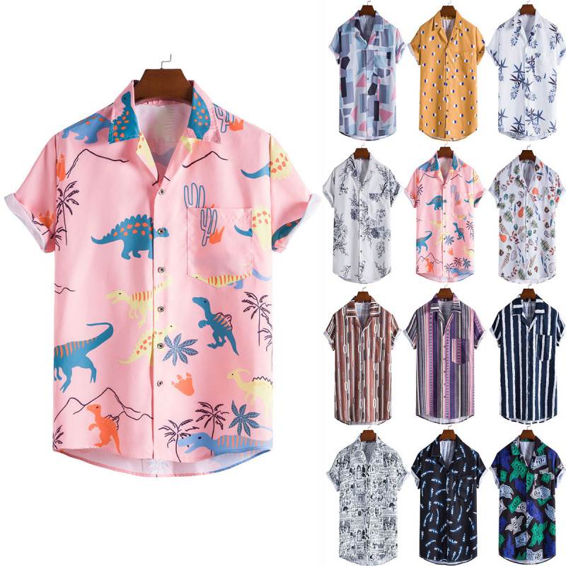 2021 striped loose shirt men s printed short-sleeved shirt