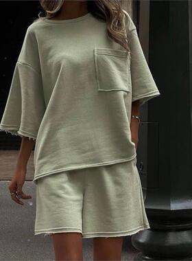 欧美时尚T恤上衣短裤休闲套装女 Tee Top Shorts Set Suit Women