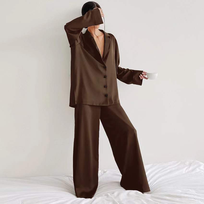 Satin Shirt Wide Leg Pants Set 欧美纯色缎面衬衫长裤居家套装