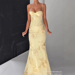 欧美风INS气质抹胸立体花朵刺绣鱼尾连衣裙度假长礼服宴会DRESS女