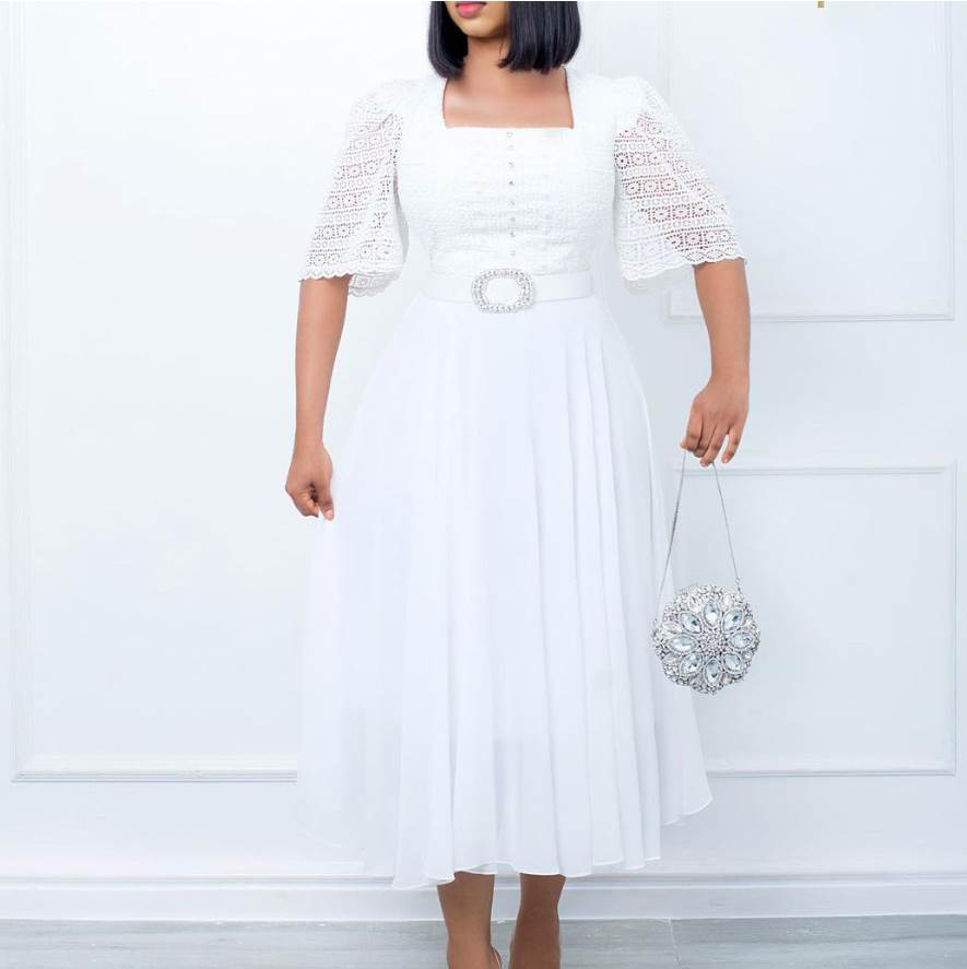 Square Neck Chiffon Beaded Dress 方领雪纺钉珠收腰白色连衣裙