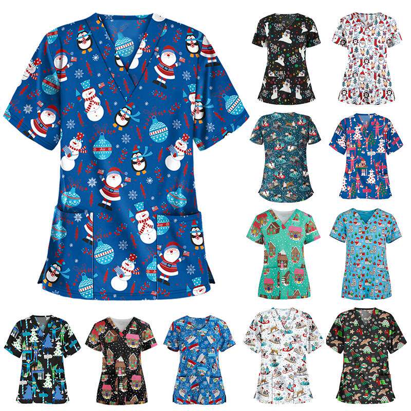 Casual Breathable Christmas Printed Nurse Working Uniform