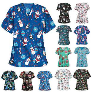 Breathable Working Christmas Nurse Uniform Printed Casual