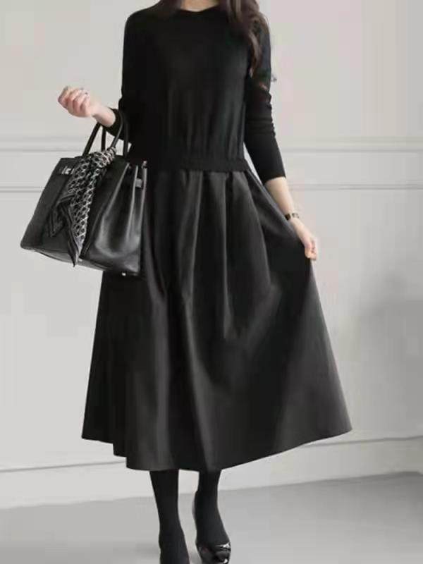 跨境日系外贸女装韩版秋冬长款打底毛衣裙拼接连衣裙 Knit skirt