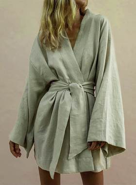 Long Sleeve Sashes Lace Up Dresses Women 2022 Spring Loose