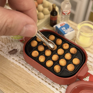 微缩章鱼小丸子合金料理煎锅烤盘仿真厨房摆件dollhouse娃屋拍照