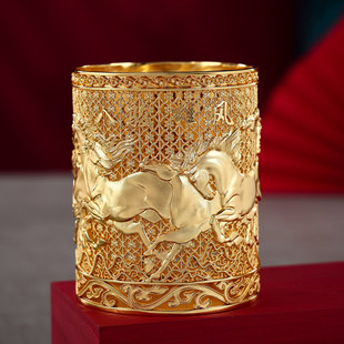 镂空八骏马笔筒复古桌面摆件黄铜客厅摆件精美马年