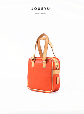 JOUSYU秋实余植鞣牛皮手工女士便当包手提包斜挎包复古橘红色方包
