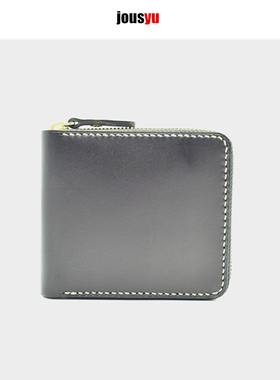 jousyu秋实余植鞣牛皮短款横款拉链钱包头层牛皮手工缝制