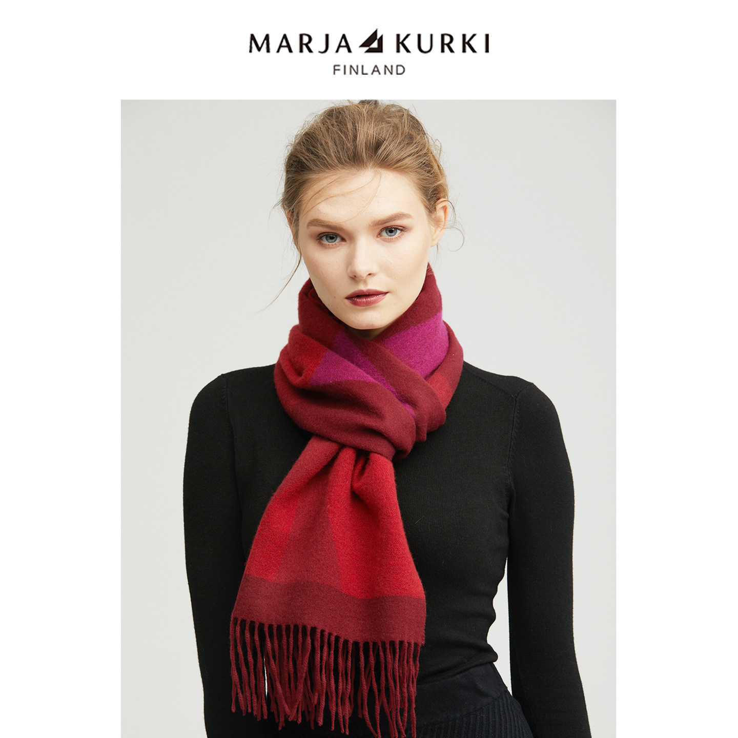MARJAKURKI玛丽亚古琦红色羊绒围巾女冬中国红围巾本命年男女同款