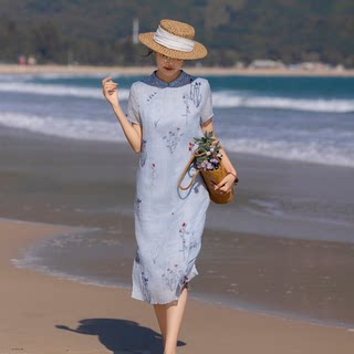 夏新款苎麻刺绣女装 旅行国风立领中袖短袖中长款连衣裙女旗袍裙
