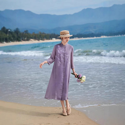 2026文艺苎麻刺绣轻薄连衣裙