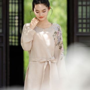 夏季新款文艺显瘦连衣裙女文艺重工刺绣宽松大码纯亚麻女士中长裙