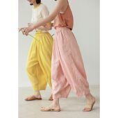 2023夏新精细100支苎麻清凉休闲双层显瘦佛手黄松紧腰灯笼裤