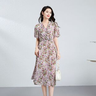 灯笼夏季优质袖v桑蚕丝真丝连衣裙领裙子感长款夏装新款2025收腰