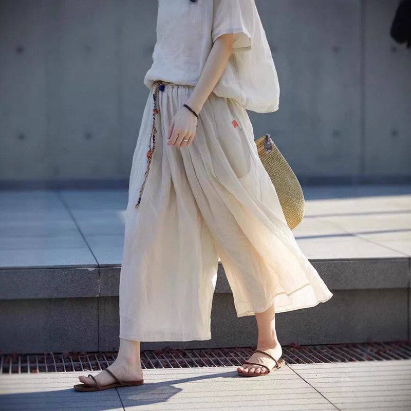 松紧米杏色抽绳裙裤女苎麻新款细支腰夏款夏季八分长裙裤