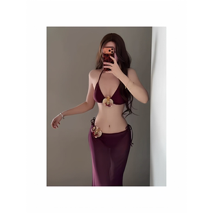 御姐女神紫色性感绑带分体裙式 比基尼三件套温泉沙滩度假泳衣长裙