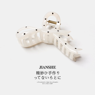 白色波点抓夹2024新款气质发夹大号后脑勺盘发鲨鱼夹发卡日韩头饰