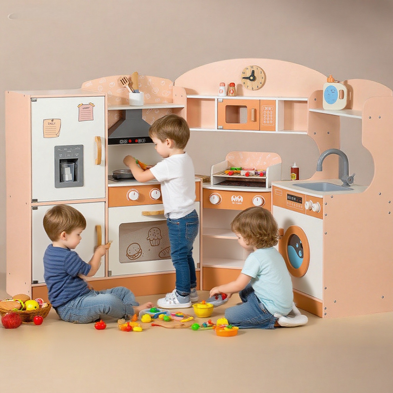 婴儿童宝宝木制声光小厨房仿真过家家厨具洗衣机冰箱套装组合玩具