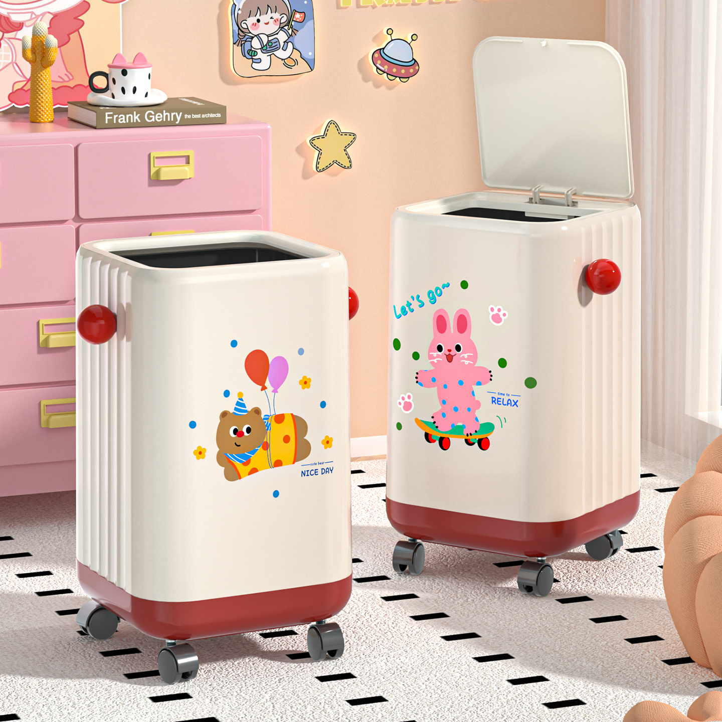 高颜值家用垃圾桶带盖带轮