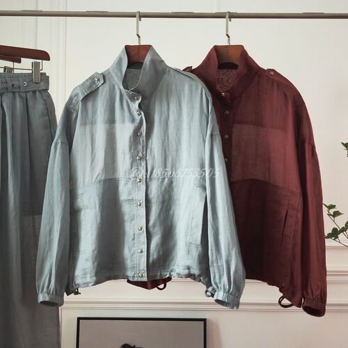 2026新款B*C时尚百搭气质Polo领苎麻麻夹克外套+腰带休闲裤套装女