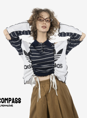adidas Remake 大logo 蓝白条纹 镂空拼接 抽褶 长袖T恤ENCOMPASS