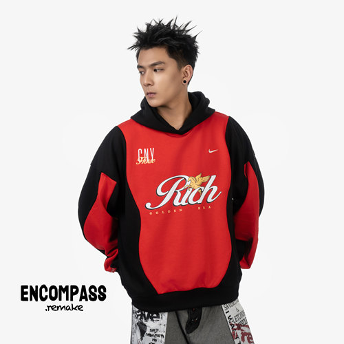 NIKE/耐克 Remake CNY马年主题拼接连帽卫衣 黑红 男 ENCOMPASS