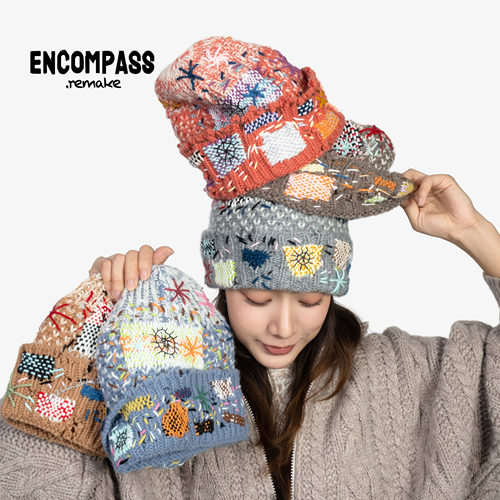 ENCOMPASS Remake 废土风复古摇滚Y2K破坏手工缝制撞色男女毛线帽