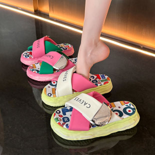 松糕厚底一字拖休闲踩屎感凉拖鞋 网红涂鸦拖鞋 女夏外穿2025年新款