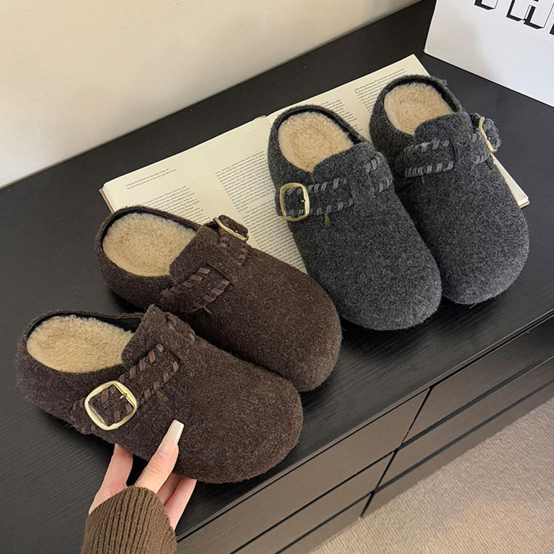 增高厚底勃肯鞋女2026春秋新款复古一脚蹬灰色毛呢博肯包头半拖鞋,女鞋,毛毛鞋,淘宝优惠券,粉丝福利购,淘宝优惠卷