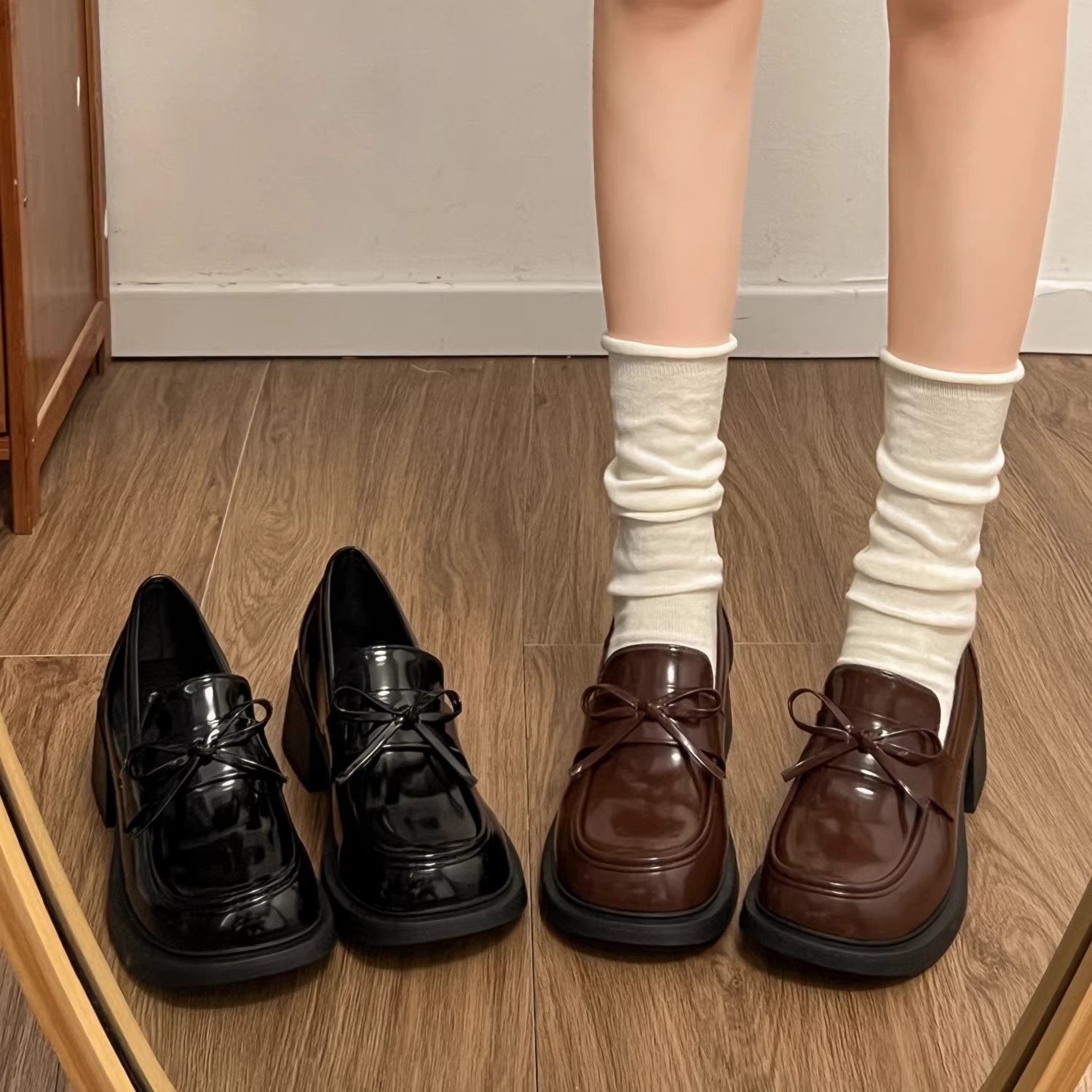 黑色蝴蝶结英伦风棕色厚底小皮鞋女配裙子百搭乐福鞋高跟鞋jk单鞋,女鞋,乐福鞋（豆豆鞋）,淘宝优惠券,粉丝福利购,淘宝优惠卷